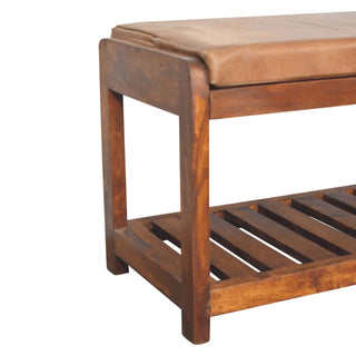 Brixo Hallway Shoe Bench Tan Buffalo Leather Seat Slatted Lower Shelf Block Feet