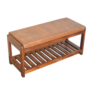 Brixo Hallway Shoe Bench Tan Buffalo Leather Seat Slatted Lower Shelf Block Feet