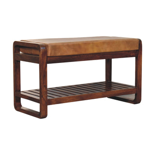 Celo Compact Hallway Bench Tan Buffalo Leather Slatted Shelf Rounded Frame Chestnut