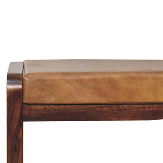 Celo Compact Hallway Bench Tan Buffalo Leather Slatted Shelf Rounded Frame Chestnut