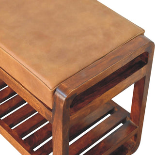 Celo Compact Hallway Bench Tan Buffalo Leather Slatted Shelf Rounded Frame Chestnut