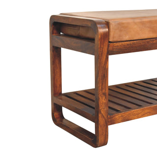 Celo Compact Hallway Bench Tan Buffalo Leather Slatted Shelf Rounded Frame Chestnut