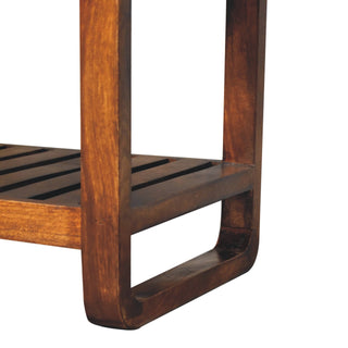 Celo Compact Hallway Bench Tan Buffalo Leather Slatted Shelf Rounded Frame Chestnut