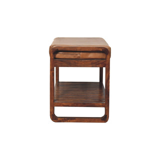 Celo Compact Hallway Bench Tan Buffalo Leather Slatted Shelf Rounded Frame Chestnut