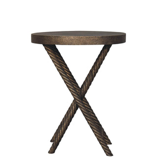 Axel Side Table X-Frame Rope-Twist Metal Legs Round Metallic Mango Wood