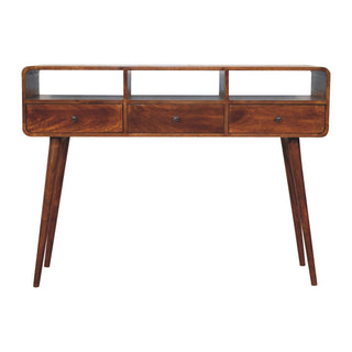 Lyra Console Table with Drawers Triple Open Slot Curved Body Nordic Legs Chestnut Mango Wood