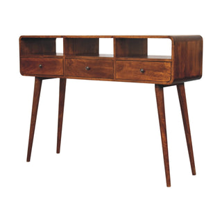 Lyra Console Table with Drawers Triple Open Slot Curved Body Nordic Legs Chestnut Mango Wood