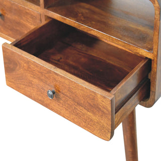 Lyra Console Table with Drawers Triple Open Slot Curved Body Nordic Legs Chestnut Mango Wood