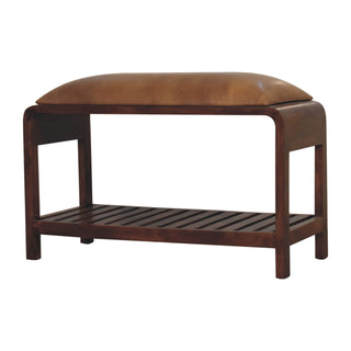 Kova Shoe Storage Bench Tan Buffalo Leather Seat Slatted Shelf Mango Wood