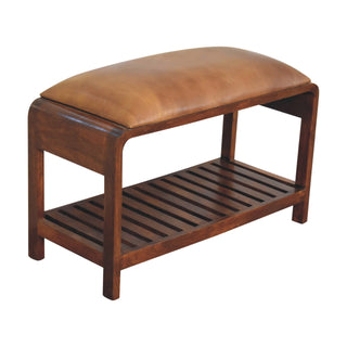 Kova Shoe Storage Bench Tan Buffalo Leather Seat Slatted Shelf Mango Wood