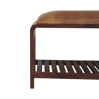 Kova Shoe Storage Bench Tan Buffalo Leather Seat Slatted Shelf Mango Wood
