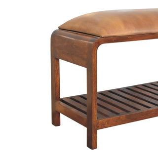 Kova Shoe Storage Bench Tan Buffalo Leather Seat Slatted Shelf Mango Wood