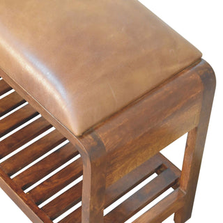 Kova Shoe Storage Bench Tan Buffalo Leather Seat Slatted Shelf Mango Wood