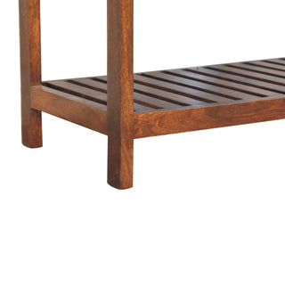 Kova Shoe Storage Bench Tan Buffalo Leather Seat Slatted Shelf Mango Wood