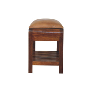 Kova Shoe Storage Bench Tan Buffalo Leather Seat Slatted Shelf Mango Wood