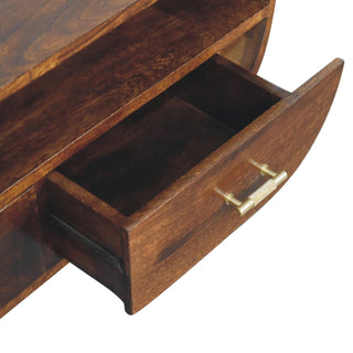 Esme Media Unit Chestnut Finish Curved Body Gold T-Bar Drawers
