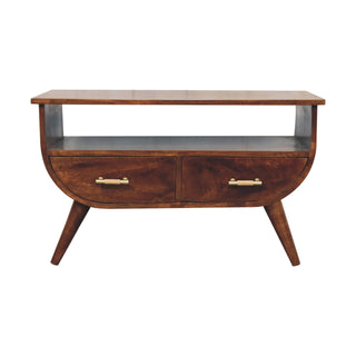 Juno Coffee Table with Drawers Barrel Tapered Body Gold Bar Handles Chestnut
