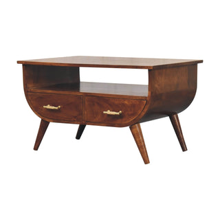 Juno Coffee Table with Drawers Barrel Tapered Body Gold Bar Handles Chestnut