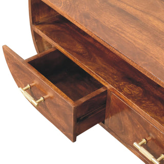 Juno Coffee Table with Drawers Barrel Tapered Body Gold Bar Handles Chestnut