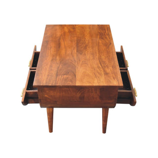 Juno Coffee Table with Drawers Barrel Tapered Body Gold Bar Handles Chestnut