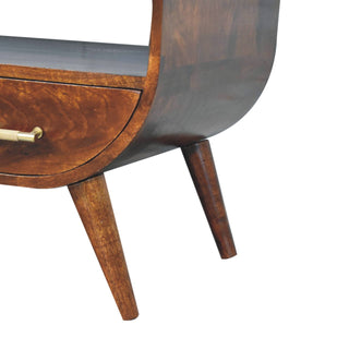 Juno Coffee Table with Drawers Barrel Tapered Body Gold Bar Handles Chestnut