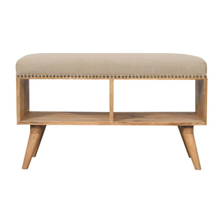 Linoe Hallway Bench Cream Linen Stud Trim Seat Open Cubby Shelf Nordic Splayed Legs