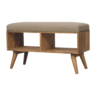 Linoe Hallway Bench Cream Linen Stud Trim Seat Open Cubby Shelf Nordic Splayed Legs