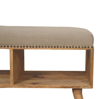 Linoe Hallway Bench Cream Linen Stud Trim Seat Open Cubby Shelf Nordic Splayed Legs