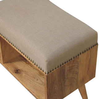 Linoe Hallway Bench Cream Linen Stud Trim Seat Open Cubby Shelf Nordic Splayed Legs