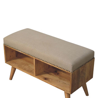 Linoe Hallway Bench Cream Linen Stud Trim Seat Open Cubby Shelf Nordic Splayed Legs