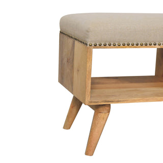 Linoe Hallway Bench Cream Linen Stud Trim Seat Open Cubby Shelf Nordic Splayed Legs