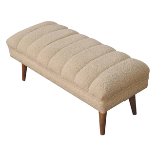 Nuvo Living Room Bench Cream Bouclé Channel-Puffed Curved Top Dark Tapered Legs