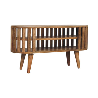 Kyoto Media Unit Natural Oak Mango Wood Open Vertical Slat Oval Body with Nordic Tapered Legs