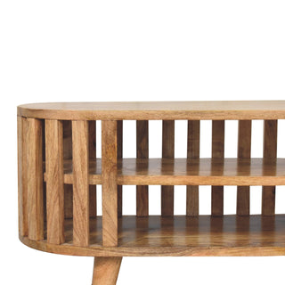 Kyoto Media Unit Natural Oak Mango Wood Open Vertical Slat Oval Body with Nordic Tapered Legs