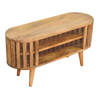 Kyoto Media Unit Natural Oak Mango Wood Open Vertical Slat Oval Body with Nordic Tapered Legs