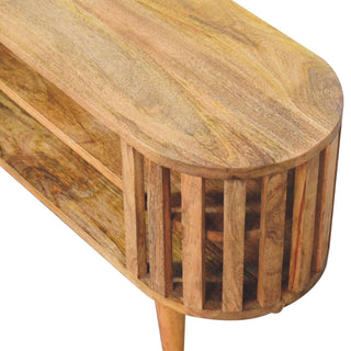 Kyoto Media Unit Natural Oak Mango Wood Open Vertical Slat Oval Body with Nordic Tapered Legs