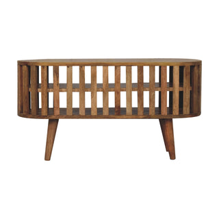 Kyoto Media Unit Natural Oak Mango Wood Open Vertical Slat Oval Body with Nordic Tapered Legs