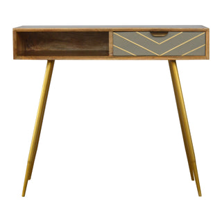 Cleo Writing Desk Mango Wood Cement Drawer Gold Chevron Inlay With Metal Legs