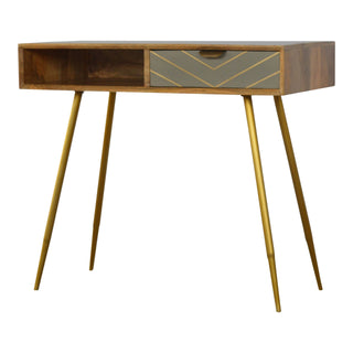 Cleo Writing Desk Mango Wood Cement Drawer Gold Chevron Inlay With Metal Legs