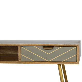 Cleo Writing Desk Mango Wood Cement Drawer Gold Chevron Inlay With Metal Legs