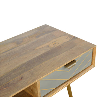 Cleo Writing Desk Mango Wood Cement Drawer Gold Chevron Inlay With Metal Legs