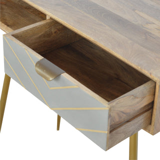 Cleo Writing Desk Mango Wood Cement Drawer Gold Chevron Inlay With Metal Legs