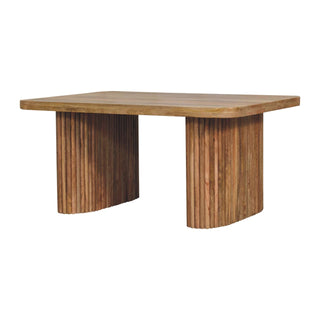 Raffi Dining Bench Solid Mango Wood Fluted Cylinder Pedestals Reclaimed Grain Plank