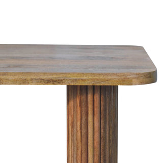 Raffi Dining Bench Solid Mango Wood Fluted Cylinder Pedestals Reclaimed Grain Plank