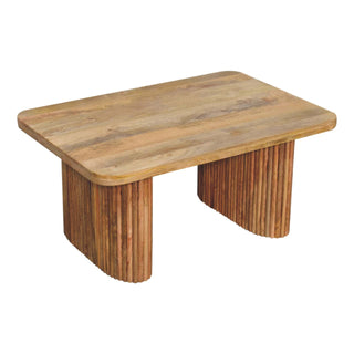 Raffi Dining Bench Solid Mango Wood Fluted Cylinder Pedestals Reclaimed Grain Plank