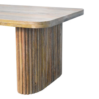 Raffi Dining Bench Solid Mango Wood Fluted Cylinder Pedestals Reclaimed Grain Plank