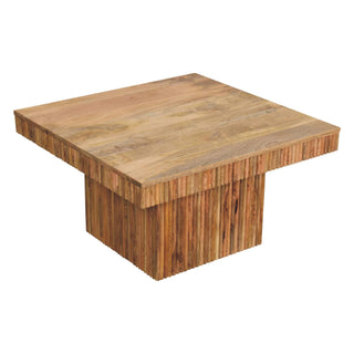 Blox Square Coffee Table Solid Mango Wood Ridged Pedestal Base Natural