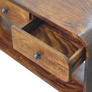 Fenn Media Unit Chestnut Finish Triple Drawers Metal Sled Base