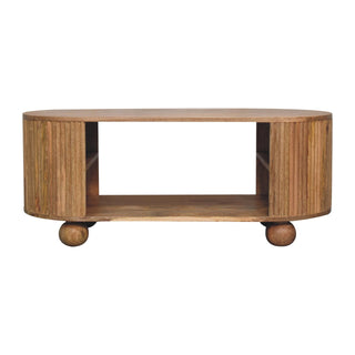 Luna Oval Coffee Table Solid Mango Wood Fluted Sides Open Shelf