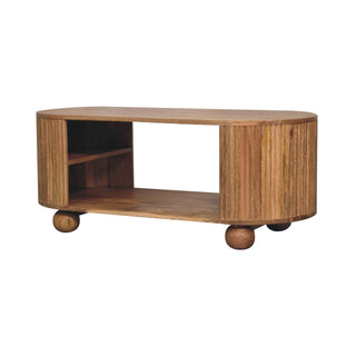 Luna Oval Coffee Table Solid Mango Wood Fluted Sides Open Shelf